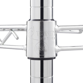 A close-up shot of a chrome shelving unit shows a connection point where a horizontal shelf meets a vertical pole. The connector is engraved with 