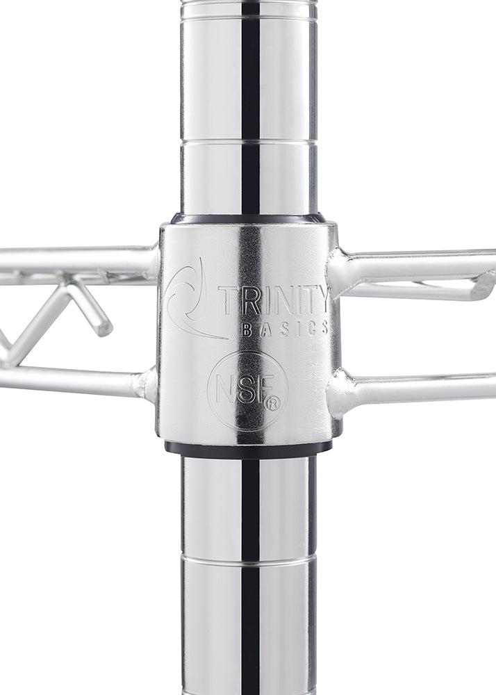 A close-up shot of a chrome shelving unit shows a connection point where a horizontal shelf meets a vertical pole. The connector is engraved with "TRINITY BASICS" and the NSF certification mark.