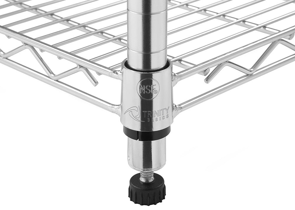 A close-up shot shows the feet leveler on a vertical support pole. The black plastic connector displays the "NSF" certification mark and the "TRINITY basics" brand name.