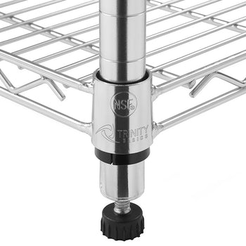 A close-up shot shows the feet leveler on a vertical support pole. The black plastic connector displays the 