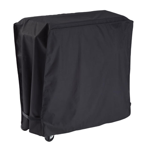 A black cooler cover for 80 quart and 100 quart trinity cooler. The bottom shows a black wheel.