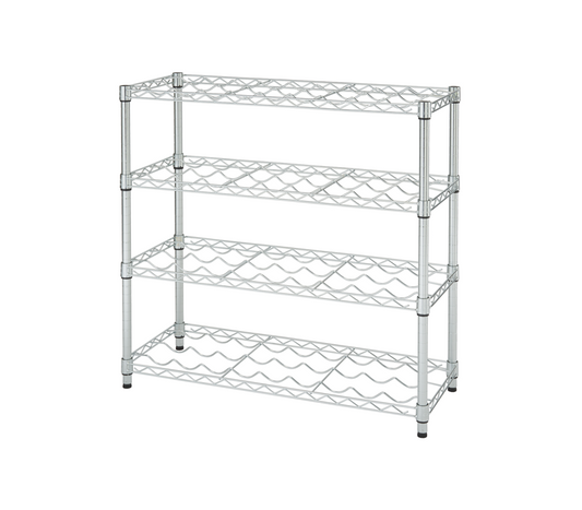 A shiny, metallic Trinity EcoStorage 4-Tier Wine Rack is shown against a white background. The top shelf is flat, while the three lower shelves are designed with wavy contours to cradle wine bottles horizontally.