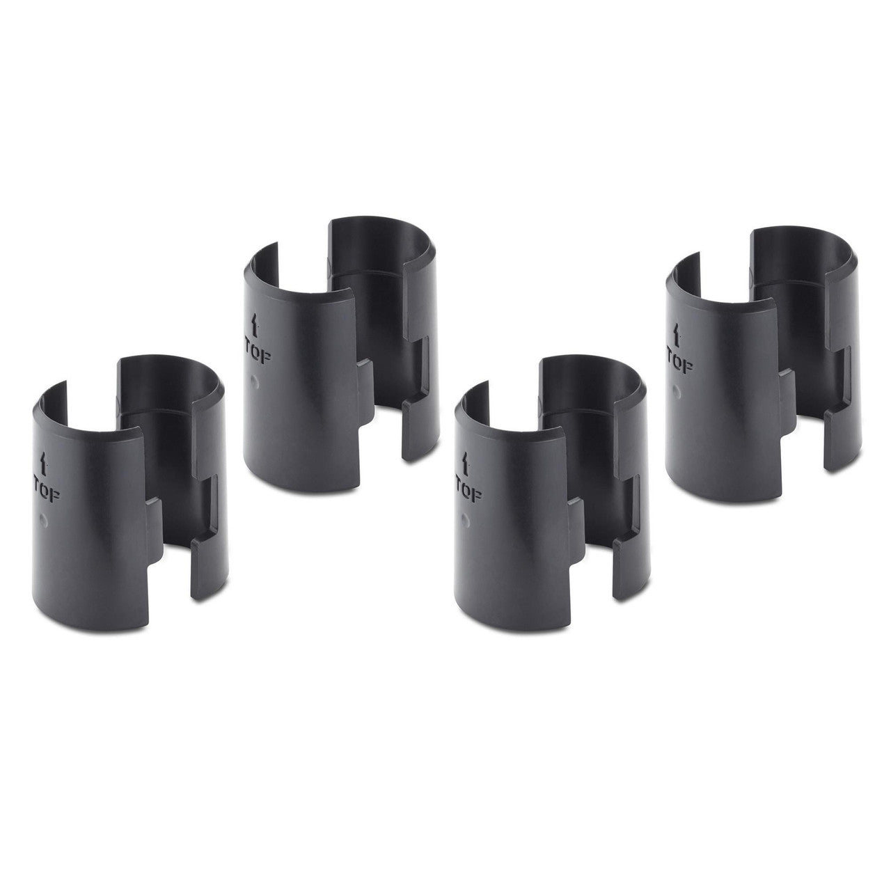 Four black, cylindrical plastic clips with a vertical slit and a protruding tab are arranged against a white background. Each clip has the word "TOP" and an upward-pointing arrow molded into its surface.