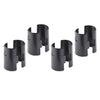 Four black, cylindrical plastic clips with a vertical slit and a protruding tab are arranged against a white background. Each clip has the word "TOP" and an upward-pointing arrow molded into its surface.