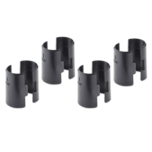 Four black, cylindrical plastic clips with a vertical slit and a protruding tab are arranged against a white background. Each clip has the word "TOP" and an upward-pointing arrow molded into its surface.