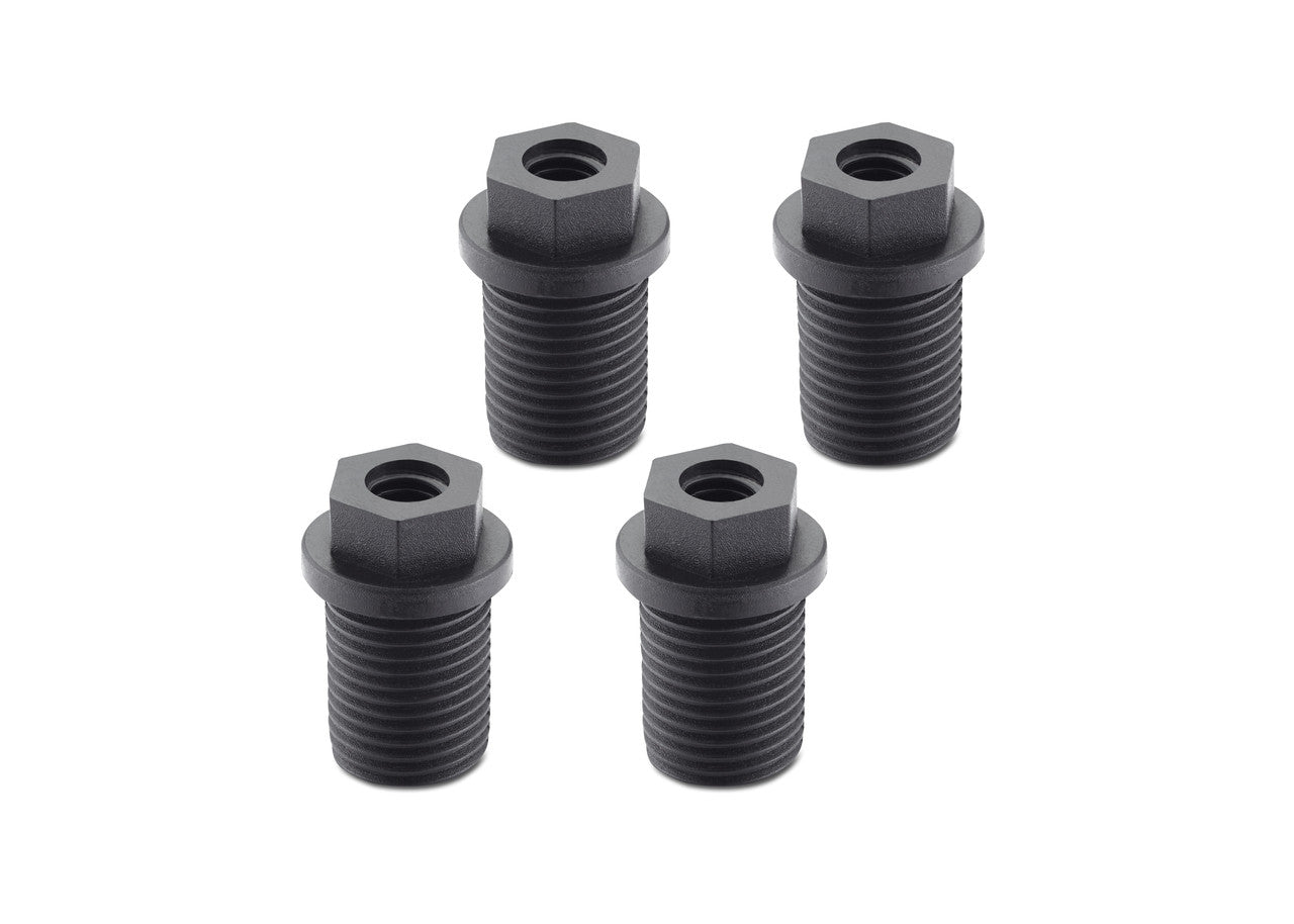 Four black threaded hex socket plugs are displayed against a white background. Each plug has a hexagonal head with an internal threaded hole and an external threaded body.