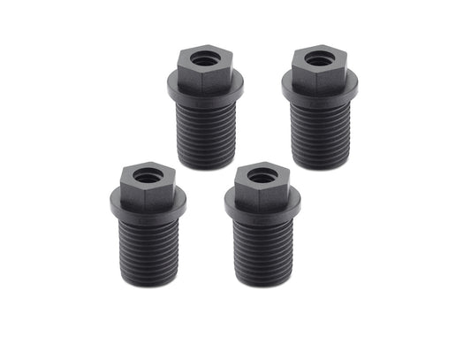 Four black threaded hex socket plugs are displayed against a white background. Each plug has a hexagonal head with an internal threaded hole and an external threaded body.