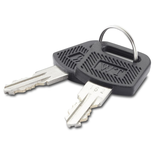 Two silver keys with black plastic, diamond-patterned heads are attached to a silver keyring. One key clearly shows the number "162" stamped on its shaft.