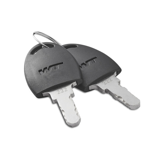 Two gray keys with "WWT" and "222" markings are shown on a white background, angled slightly to the right. The keys are attached to a silver ring.