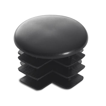 A black plastic end cap for a square tube is shown against a white background. The cap has a smooth, rounded top and ribbed edges designed to fit snugly inside a square opening.