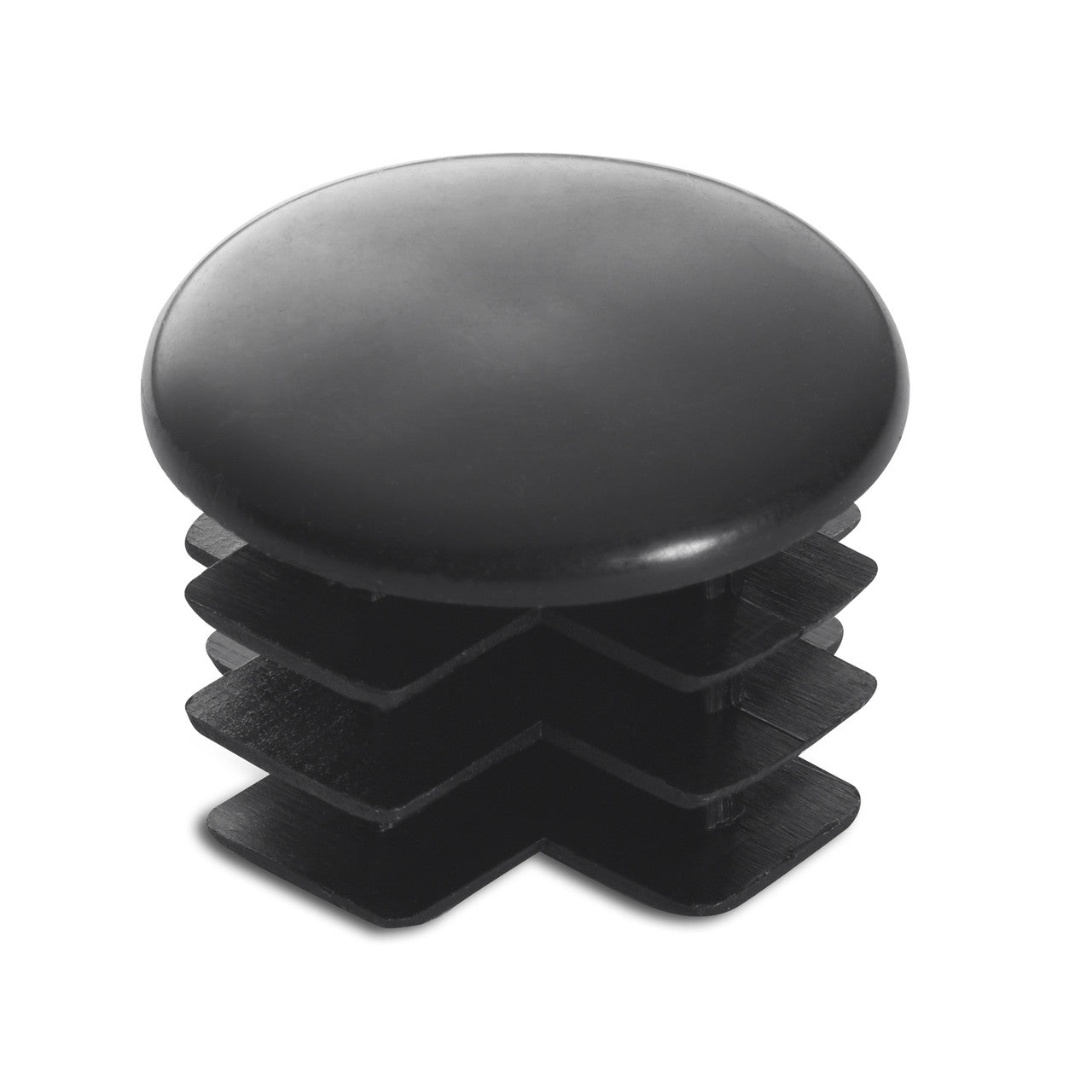 A black plastic end cap for a square tube is shown against a white background. The cap has a smooth, rounded top and ribbed edges designed to fit snugly inside a square opening.