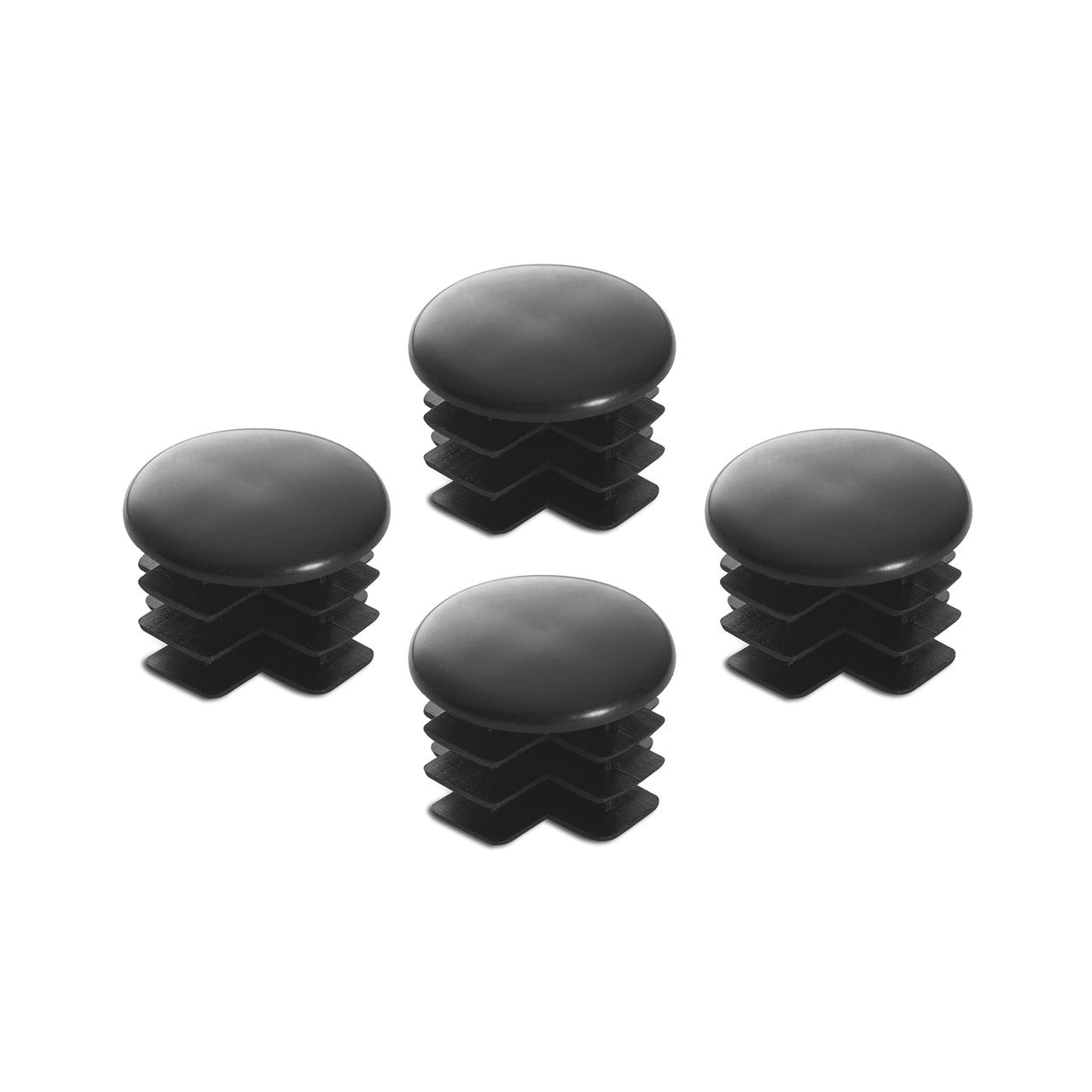 Four black rubber caps with a rounded top and ribbed stem are arranged on a white background. These appear to be designed to fit over the ends of tubes or rods, possibly for a drum rack or similar equipment.