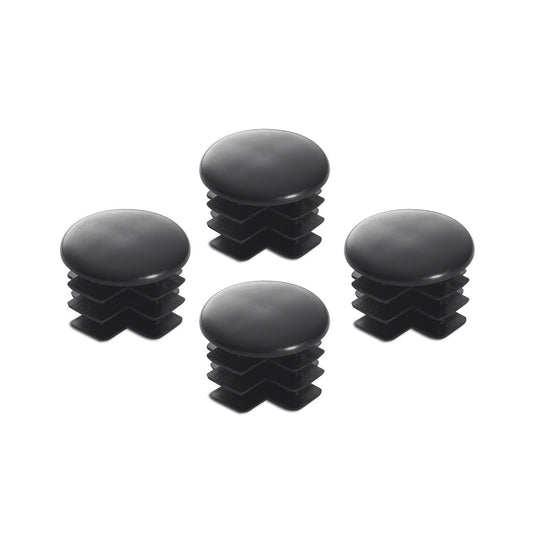 Four black rubber caps with a rounded top and ribbed stem are arranged on a white background. These appear to be designed to fit over the ends of tubes or rods, possibly for a drum rack or similar equipment.