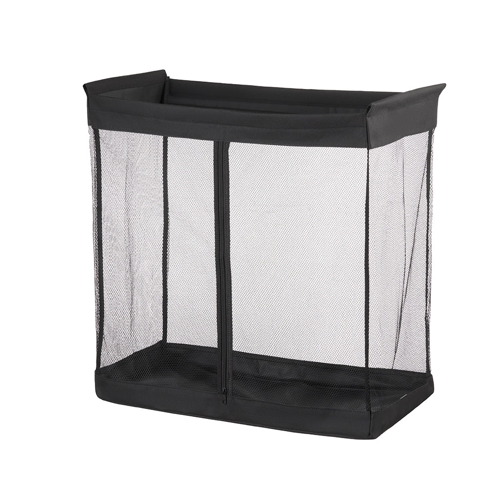 A black, rectangular mesh storage hamper with a zippered front opening and a sturdy frame. The mesh sides allow for ventilation, making it ideal for laundry or storage purposes.