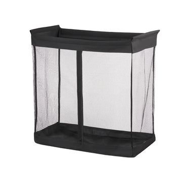 A black, rectangular mesh storage hamper with a zippered front opening and a sturdy frame. The mesh sides allow for ventilation, making it ideal for laundry or storage purposes.