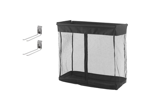 A rectangular black mesh storage bin is shown, with a solid fabric top and bottom border, designed to be hung. To the left, there are two metal pegboard hooks included for mounting the bin.