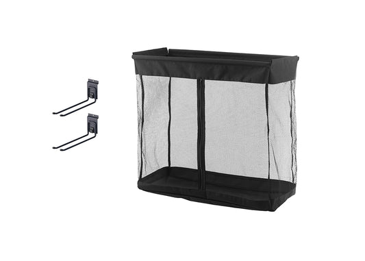 A black mesh hanging storage bin is shown, with a solid fabric top and bottom, featuring a central zipper. Two black, double-hook style wall mounts for hanging the bin are pictured to the left.