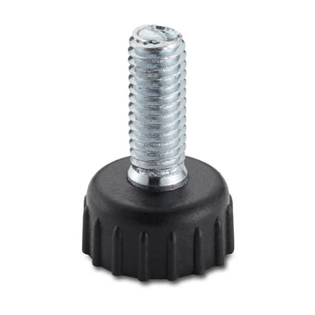 A close-up shows a silver metal screw with coarse threads extending from a round, black plastic base. The base has a slightly domed top and a textured, ridged edge for gripping.