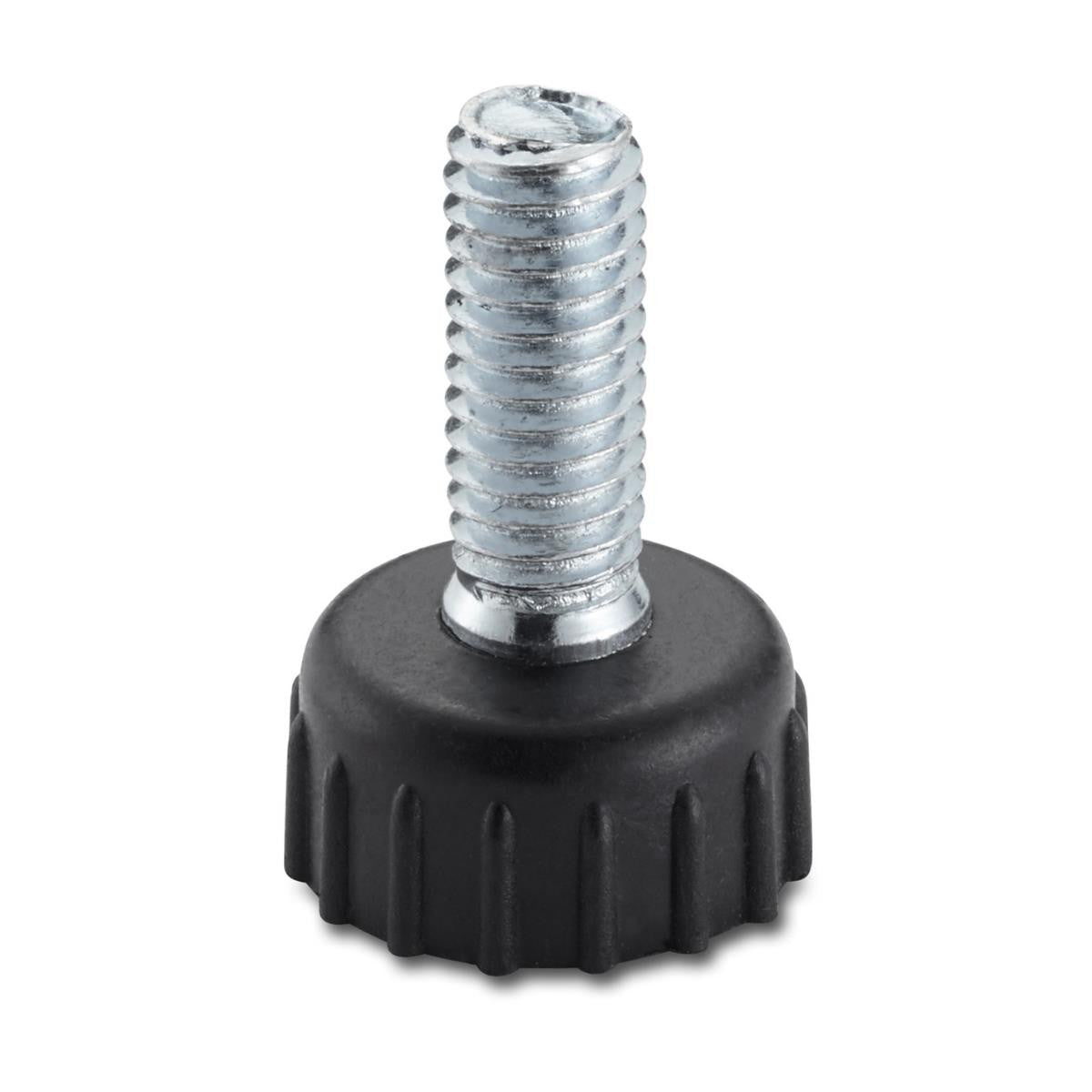 A close-up shows a silver metal screw with coarse threads extending from a round, black plastic base. The base has a slightly domed top and a textured, ridged edge for gripping.