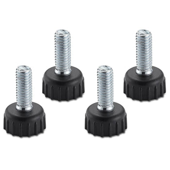 A set of four black, round foot levelers with textured edges and a central, threaded silver bolt are arranged against a white background. The levelers appear to be made of plastic and metal, designed to provide adjustable support for furniture or equipment.