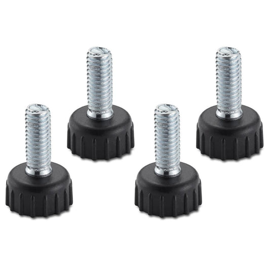 A set of four black, round foot levelers with textured edges and a central, threaded silver bolt are arranged against a white background. The levelers appear to be made of plastic and metal, designed to provide adjustable support for furniture or equipment.