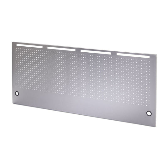 A rectangular, brushed stainless steel pegboard for workbenches with evenly spaced small holes covers most of the surface. Two larger circular openings with black rubber grommets are visible near the bottom left and right corners.
