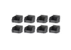 An eight-pack of small, dark gray plastic storage bins is arranged in two rows of four. The bins are open-top with a scooped front design, ideal for organizing small parts in a workshop or garage.
