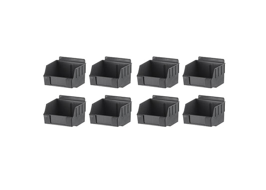 An eight-pack of small, dark gray plastic storage bins is arranged in two rows of four. The bins are open-top with a scooped front design, ideal for organizing small parts in a workshop or garage.