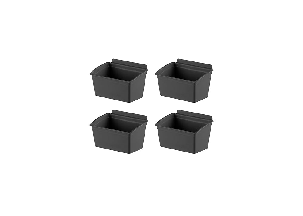 A square grid of four identical, dark gray, plastic containers is shown against a white background. Each container is a rectangular bin, appearing to be an insert or organizer for a drawer or larger system.
