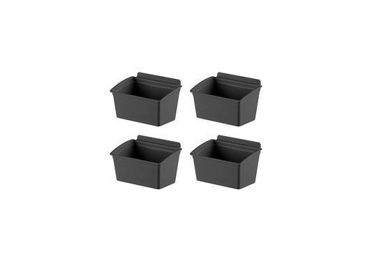 A square grid of four identical, dark gray, plastic containers is shown against a white background. Each container is a rectangular bin, appearing to be an insert or organizer for a drawer or larger system.
