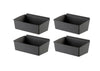 A set of four rectangular, dark gray storage bins is shown against a white background. These bins appear to be for organizing small items, possibly with a slightly tapered design and a lip or flange on one longer side for hanging or securing.