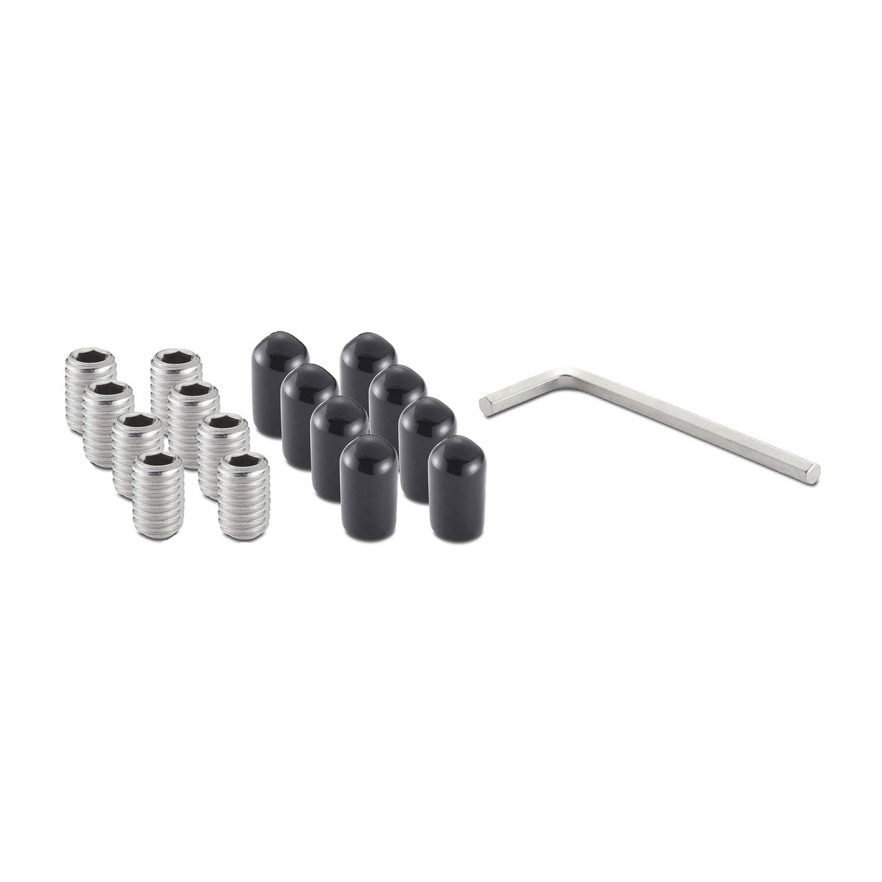 A collection of silver-colored set screws with hexagonal sockets are arranged in two rows on a white surface. To the right of the screws are several black, rounded protective caps and a silver L-shaped hexagonal wrench.