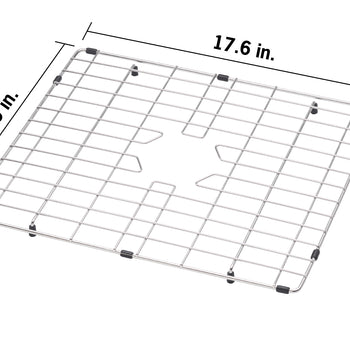 An elevated three-quarter view of a rectangular stainless steel sink basin rack, featuring a large circular central drain hole and several black non-slip feet. Measurement lines and text overlay indicate that the rack is 17.6 inches wide by 15.55 inches deep.
