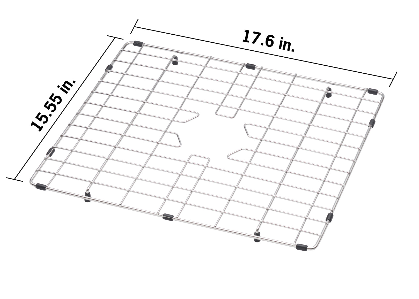 An elevated three-quarter view of a rectangular stainless steel sink basin rack, featuring a large circular central drain hole and several black non-slip feet. Measurement lines and text overlay indicate that the rack is 17.6 inches wide by 15.55 inches deep.