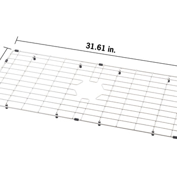 A rectangular stainless steel sink protector grid is shown from an elevated angle, featuring a central cutout for a drain. Dimension lines indicate the grid measures 31.61 inches long and 15.55 inches wide.