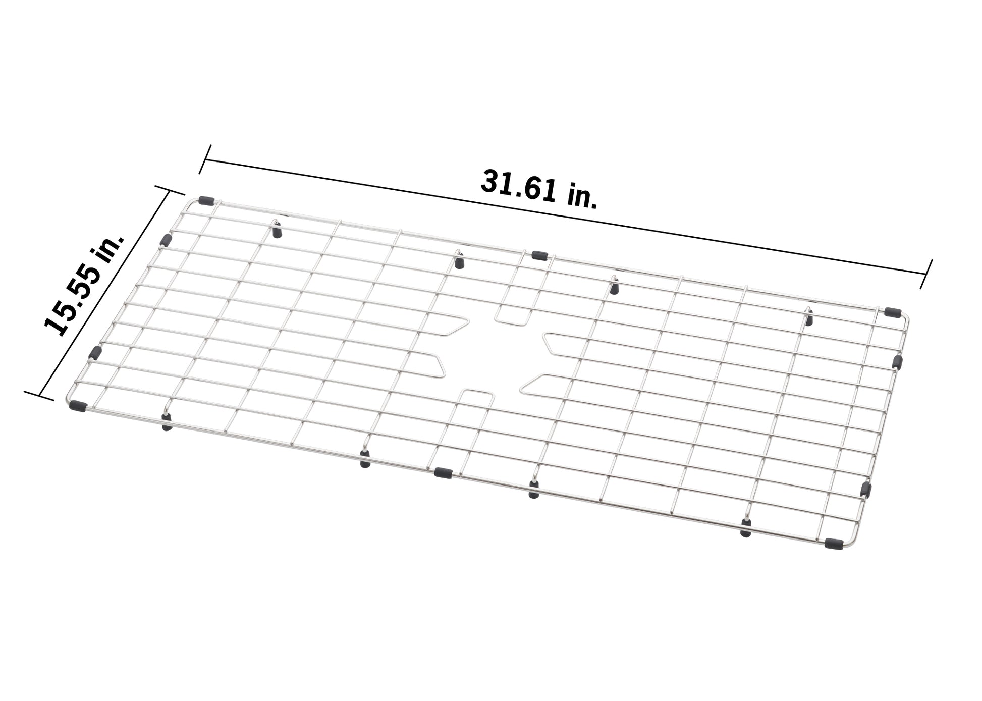 A rectangular stainless steel sink protector grid is shown from an elevated angle, featuring a central cutout for a drain. Dimension lines indicate the grid measures 31.61 inches long and 15.55 inches wide.