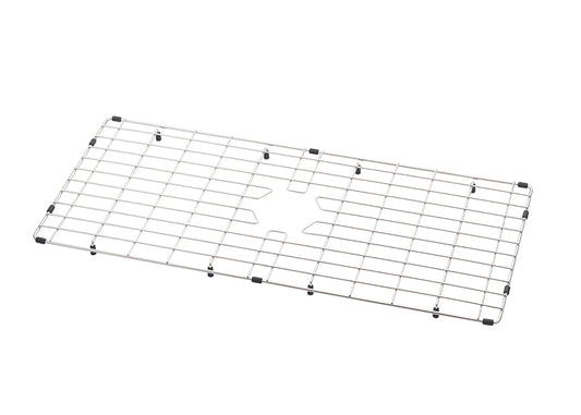 A rectangular stainless steel sink grid is positioned horizontally against a plain white background. It features a cross-patterned wire mesh design with a central cutout for a drain and small black protective rubber feet along the edges and bottom.