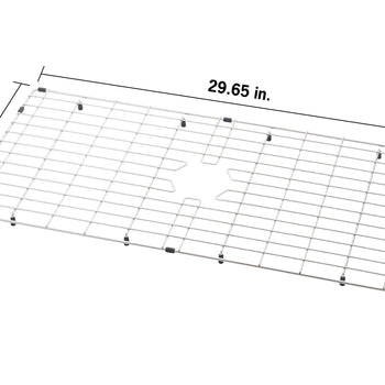 A three-quarter view of a rectangular, stainless steel sink grid rack with a central star-shaped drain hole opening and black non-slip feet. Measurement lines indicate a width of 29.65 inches and a depth of 13.54 inches.
