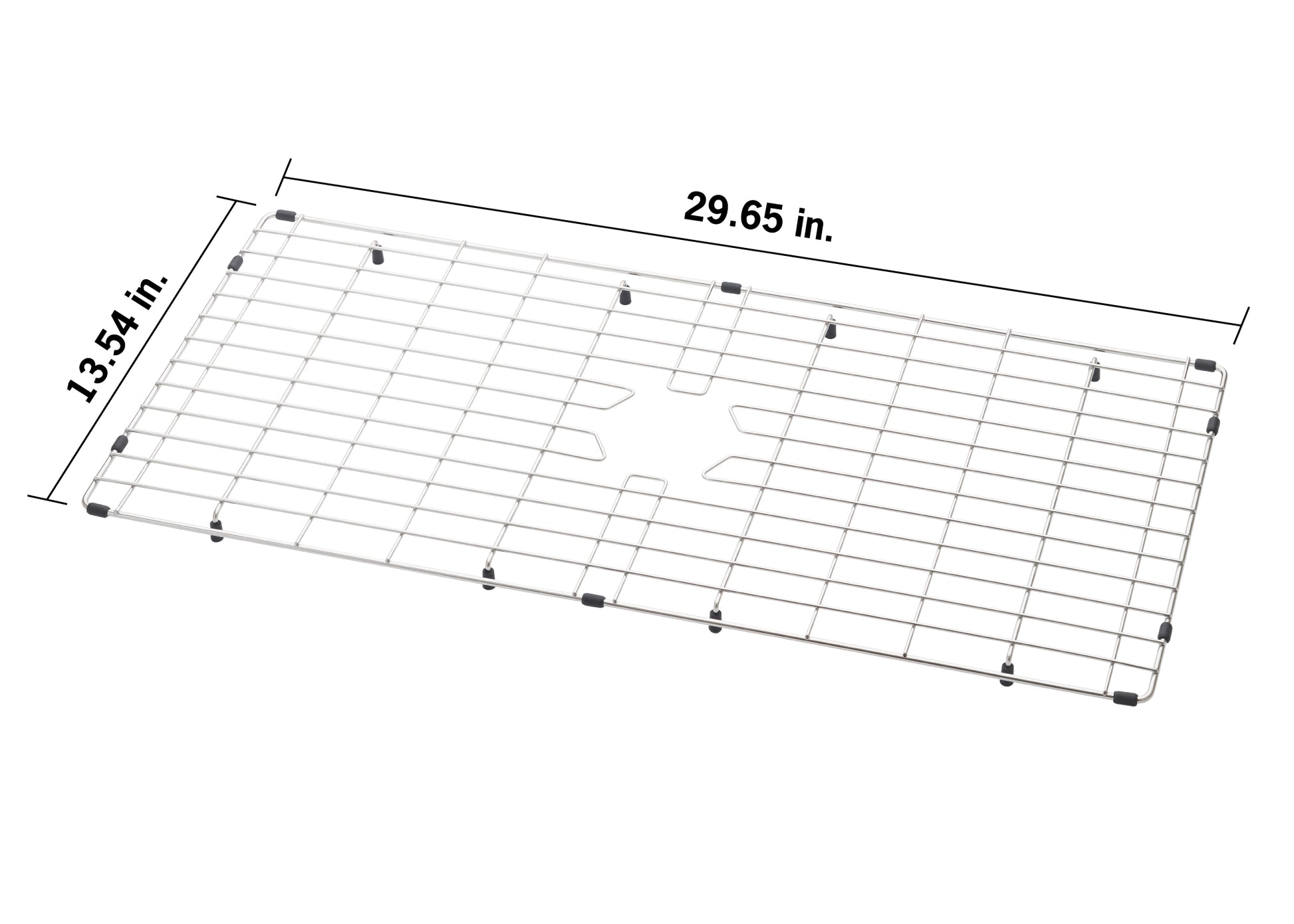 A three-quarter view of a rectangular, stainless steel sink grid rack with a central star-shaped drain hole opening and black non-slip feet. Measurement lines indicate a width of 29.65 inches and a depth of 13.54 inches.