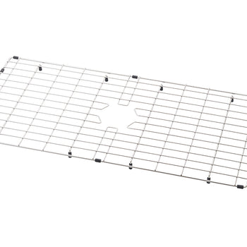A rectangular sink basin grid with a polished stainless steel finish is shown in a three-quarter view from above. It has a patterned grid surface and a small starburst-shaped cutout at the center, resting on black plastic feet.