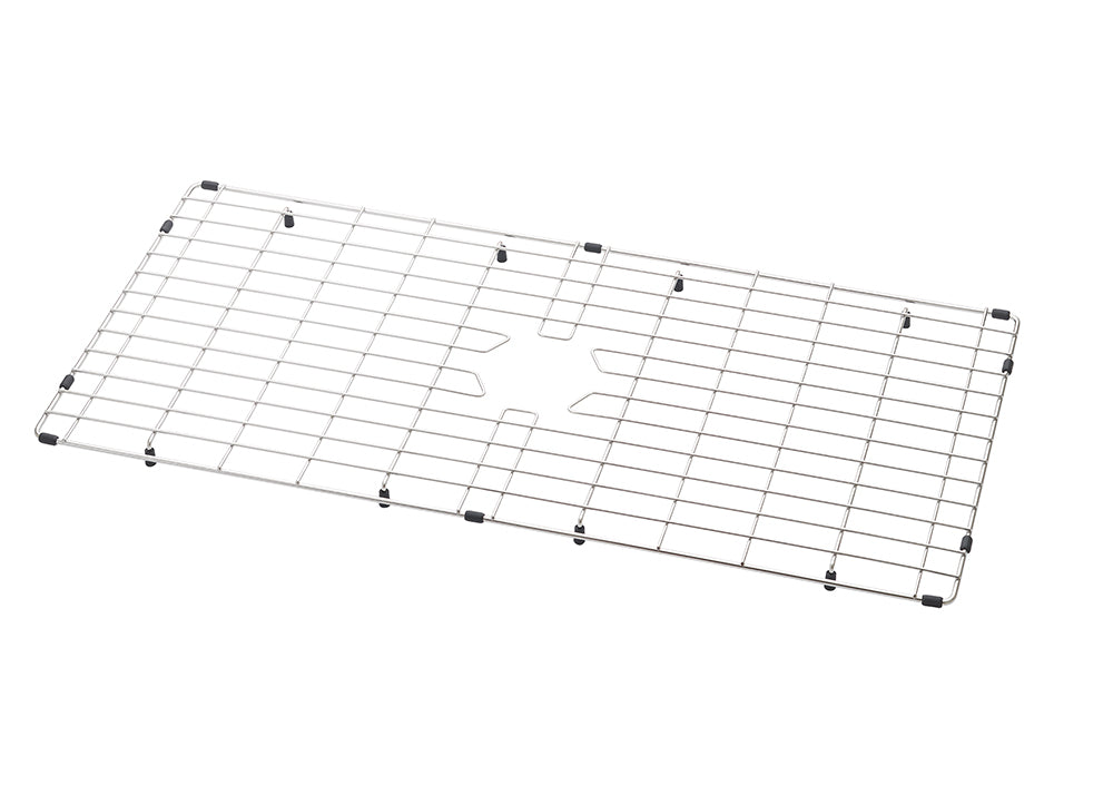 A rectangular sink basin grid with a polished stainless steel finish is shown in a three-quarter view from above. It has a patterned grid surface and a small starburst-shaped cutout at the center, resting on black plastic feet.