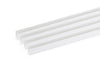 Four identical, edge trim arranged diagonally from the lower left to the upper right against a stark white background. The channels are nested closely together, creating a repetitive pattern of parallel lines and shadows. 