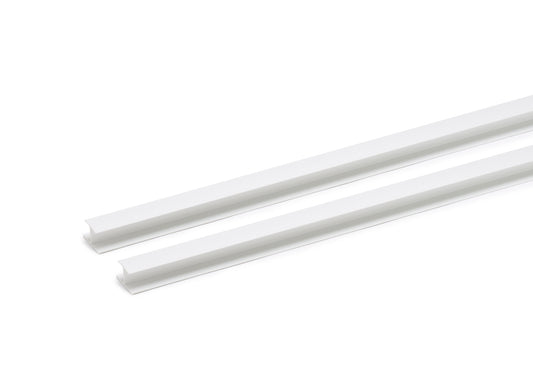 Two identical, white H-shaped plastic joining strips are shown against a white background. These profiles are used to connect two panels side-by-side.