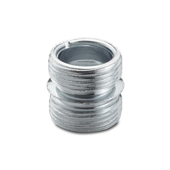 A close-up shows a cylindrical metal threaded insert, likely made of steel and silver in color. The insert features external threads on both ends separated by a smooth, unthreaded band in the middle.