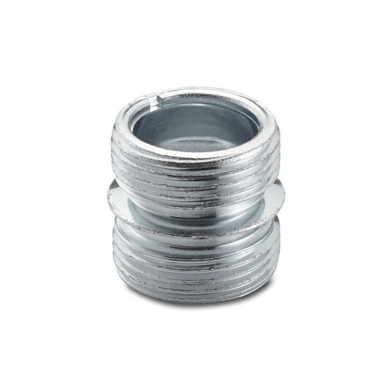 A close-up shows a cylindrical metal threaded insert, likely made of steel and silver in color. The insert features external threads on both ends separated by a smooth, unthreaded band in the middle.