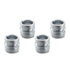 Four silver-colored, cylindrical metal screw inserts are arranged on a white background. Each insert features external threading along its sides and a smooth, hollow interior.