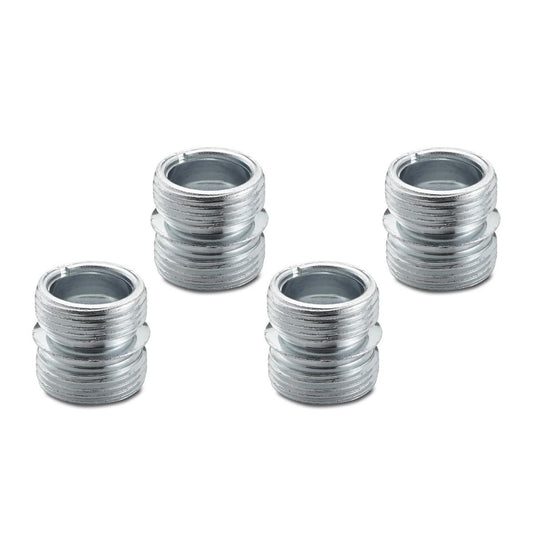 Four silver-colored, cylindrical metal screw inserts are arranged on a white background. Each insert features external threading along its sides and a smooth, hollow interior.