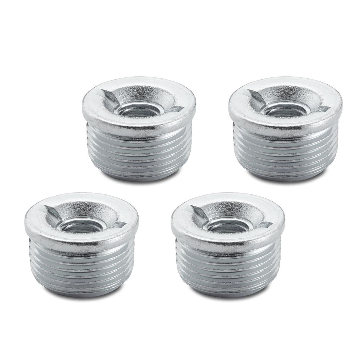 Set of four 1/2" NPT threaded, countersunk hex plugs. These are 150# galvanized merchant steel pipe fittings.