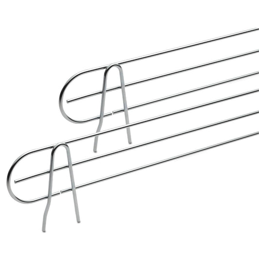 Two metal wire guards with a chrome finish are shown, each featuring three horizontal rods supported by U-shaped vertical legs. These guards are typically used as protective barriers on shelves or racks to prevent items from falling.