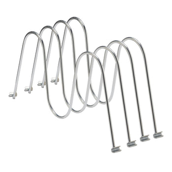 A set of four shiny chrome wire dividers are arranged diagonally against a white background. The dividers have a wavy top and small clips at the bottom for attachment to a rack.